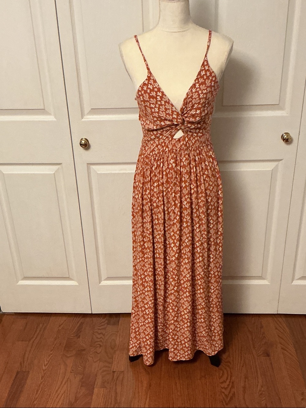 Rust Floral Twist-Front Maxi Dress